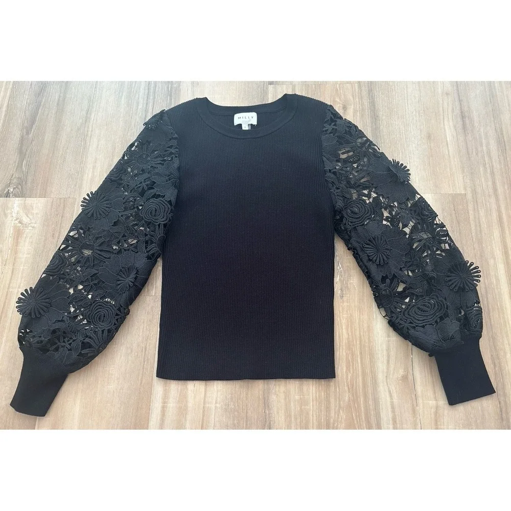 Milly Velvet Lace-Sleeve Rib-Knit Sweater - Picture 2 of 8